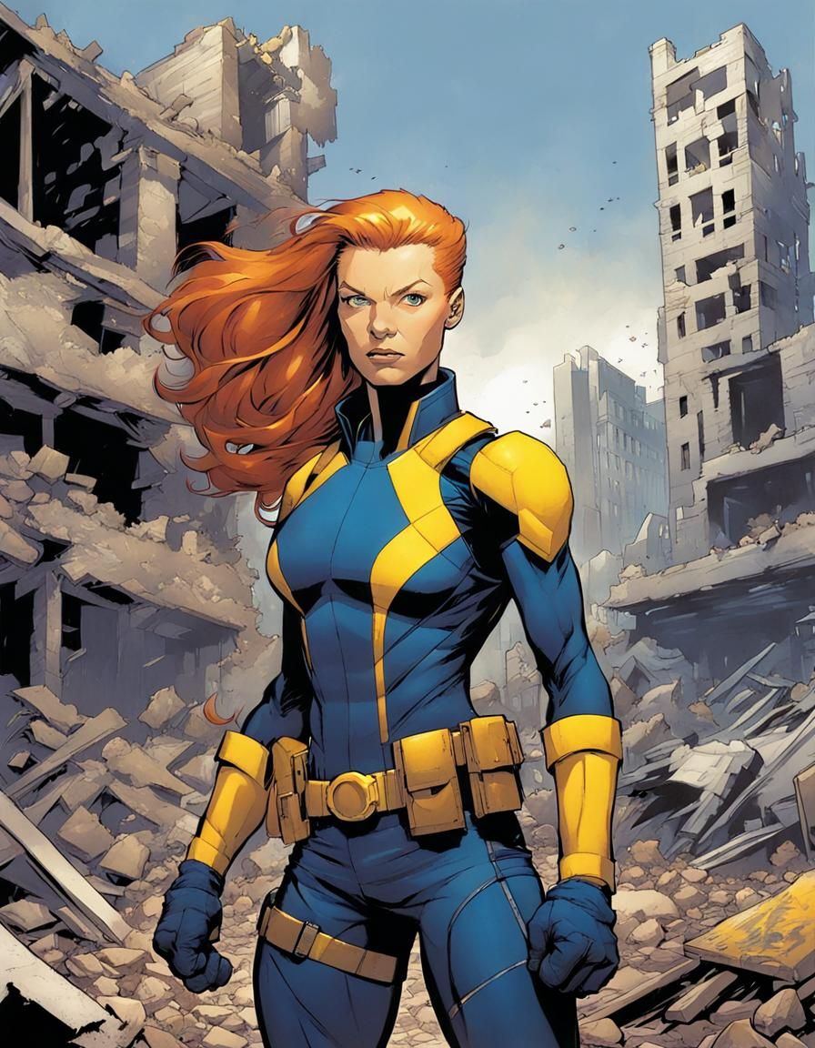 Ginger Superhero in Post-Apocalyptic Ruins