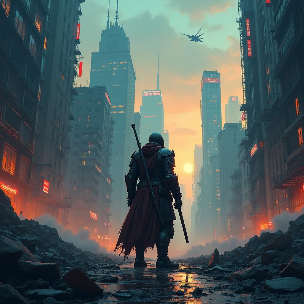 Cyberpunk Warrior in Dystopian Ruins: Gritty Illustration