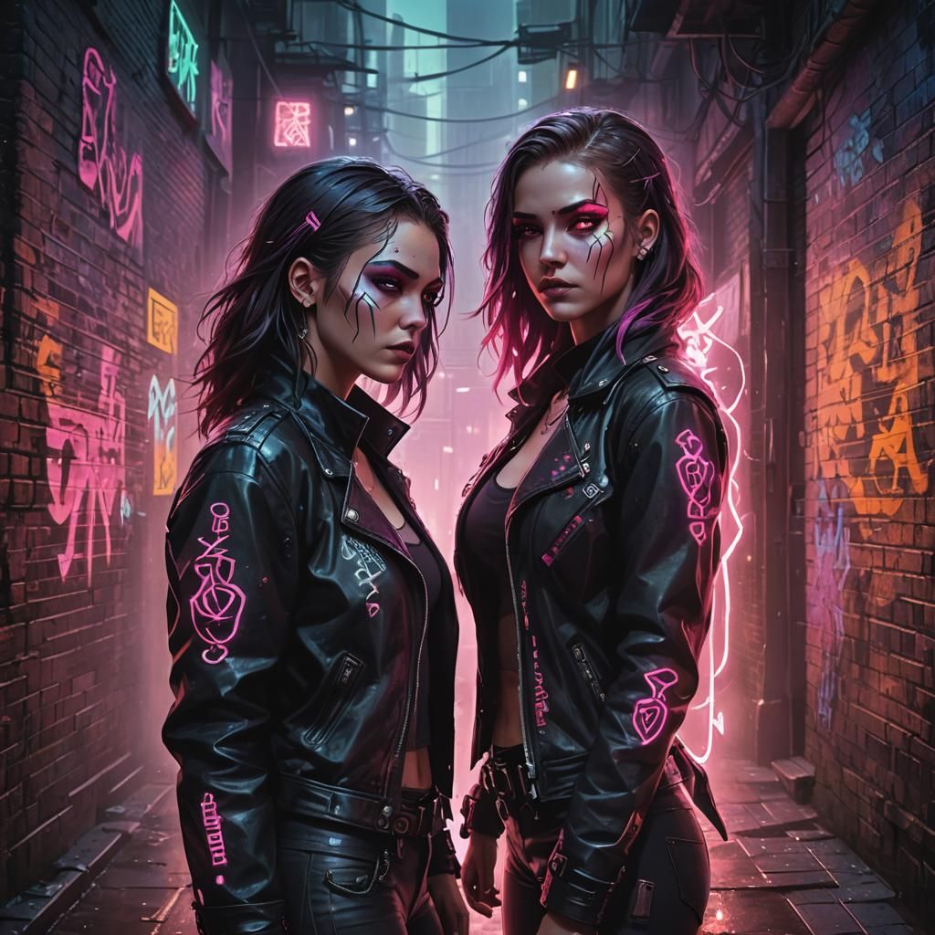 Cyberpunk Heroine Stands Tall with Magical Ally in Dark Alle...