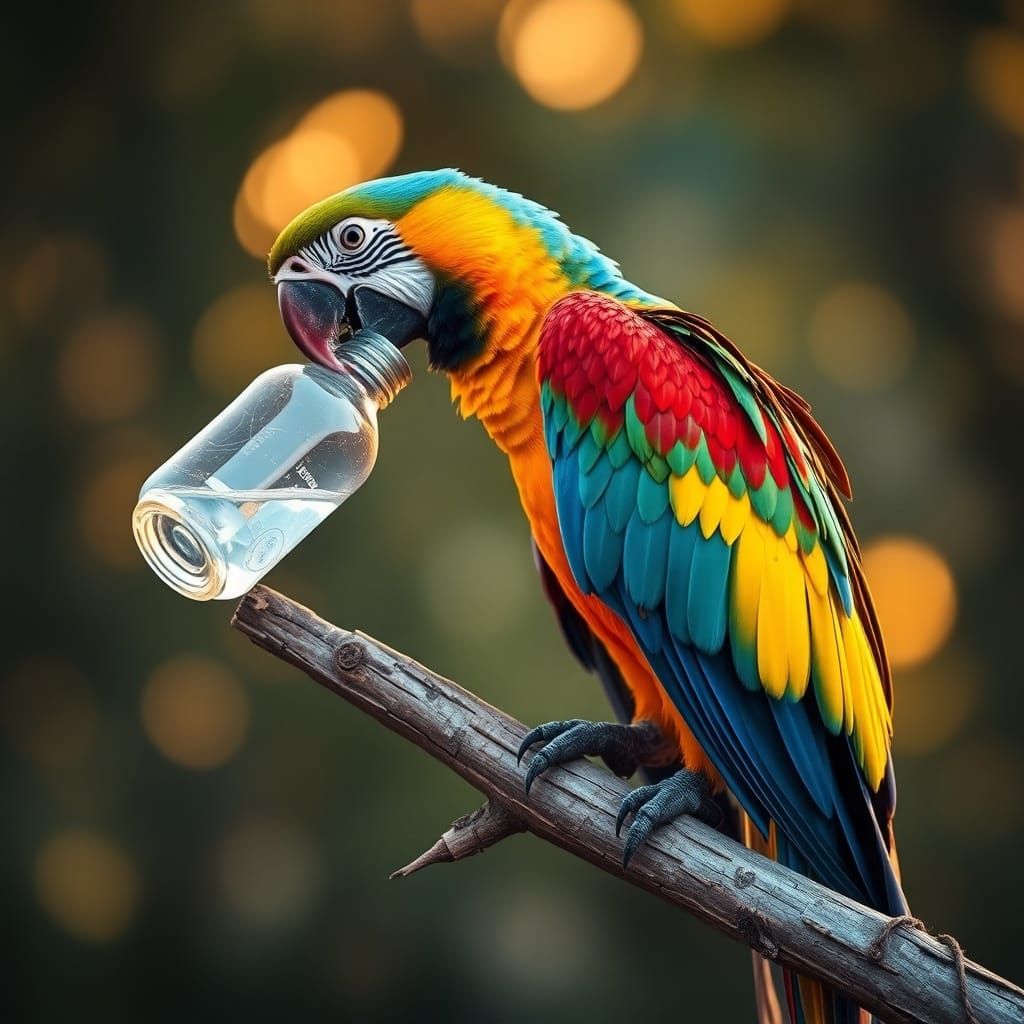 Vibrant Macaw Drinks Water in Golden Hour Light