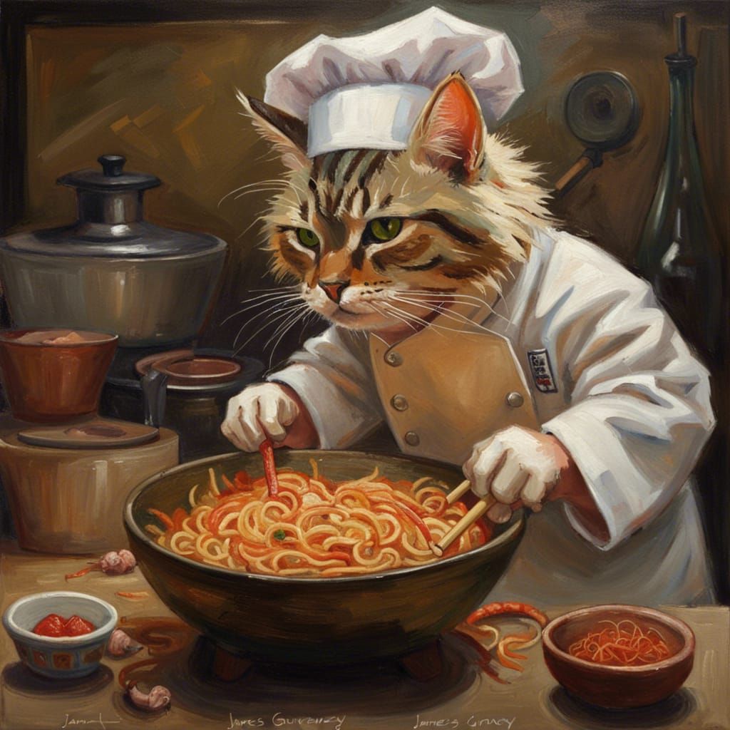 Cat Chef Prepares Yakisoba as Oil Painting