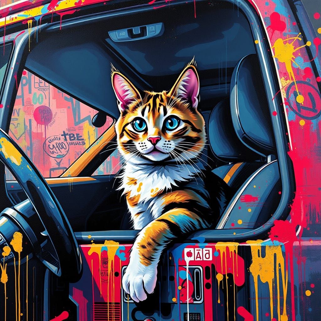 Vibrant Street Art Cat Surrounded by Friends in a Car