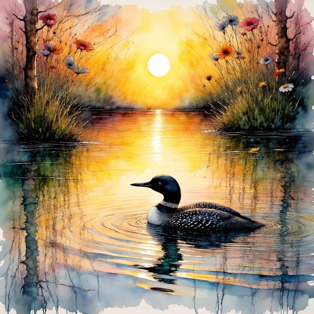 Common Loon in Northern Lake: Ink and Brush