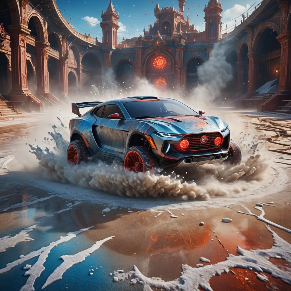 Futuristic Crystal Car in Arena: Digital Matte Painting