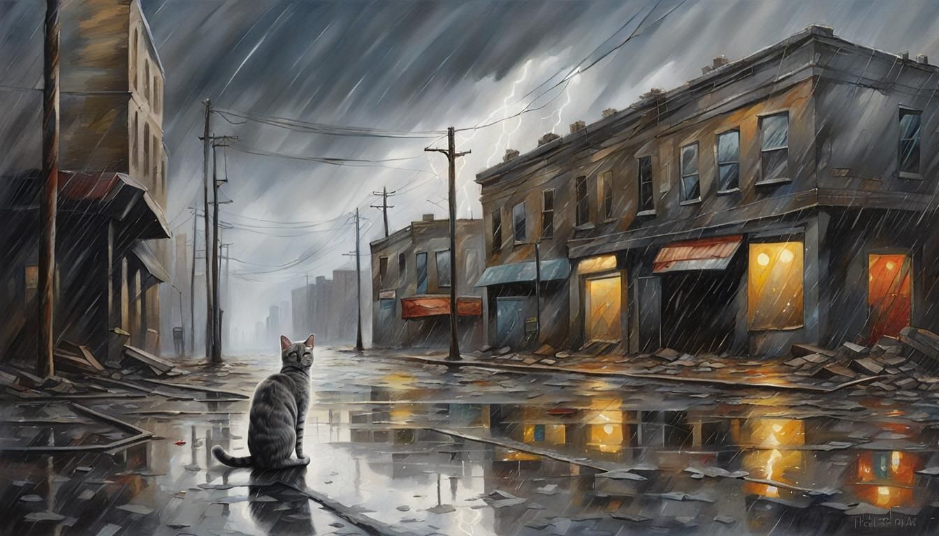 Post-Apocalyptic Cityscape with Tabby Cat in Oil Painting