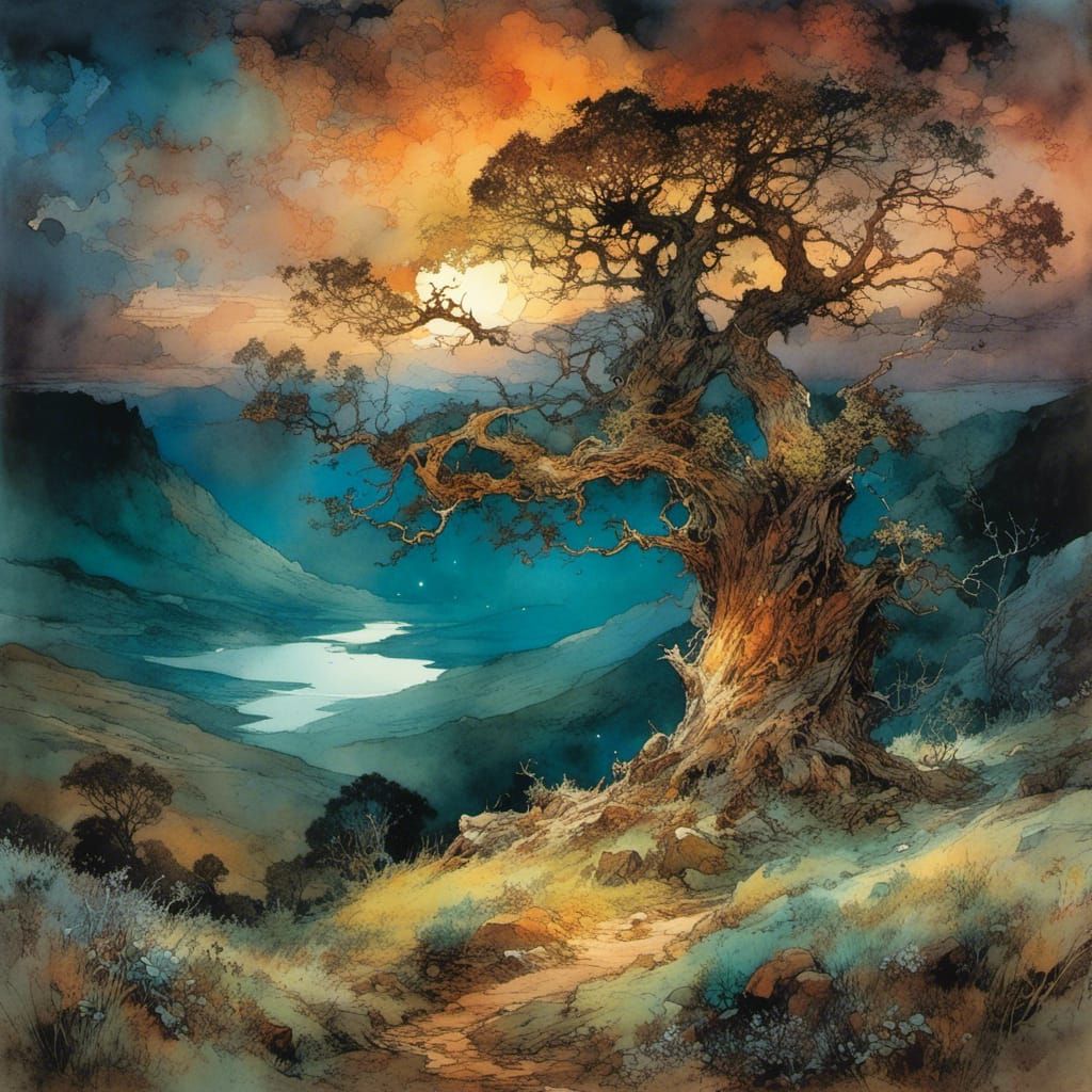 Ancient Tree in Wild Landscape at Night