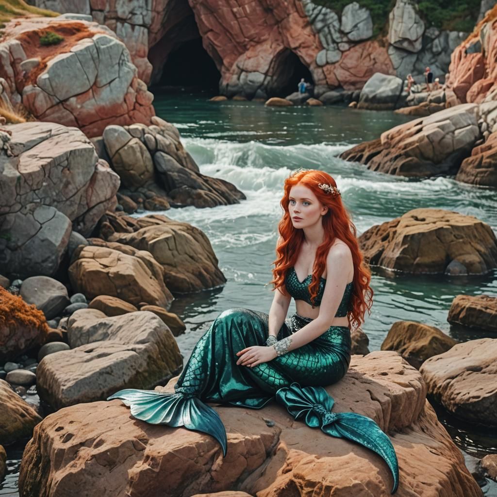 Red-Haired Mermaid and Boat at Sea
