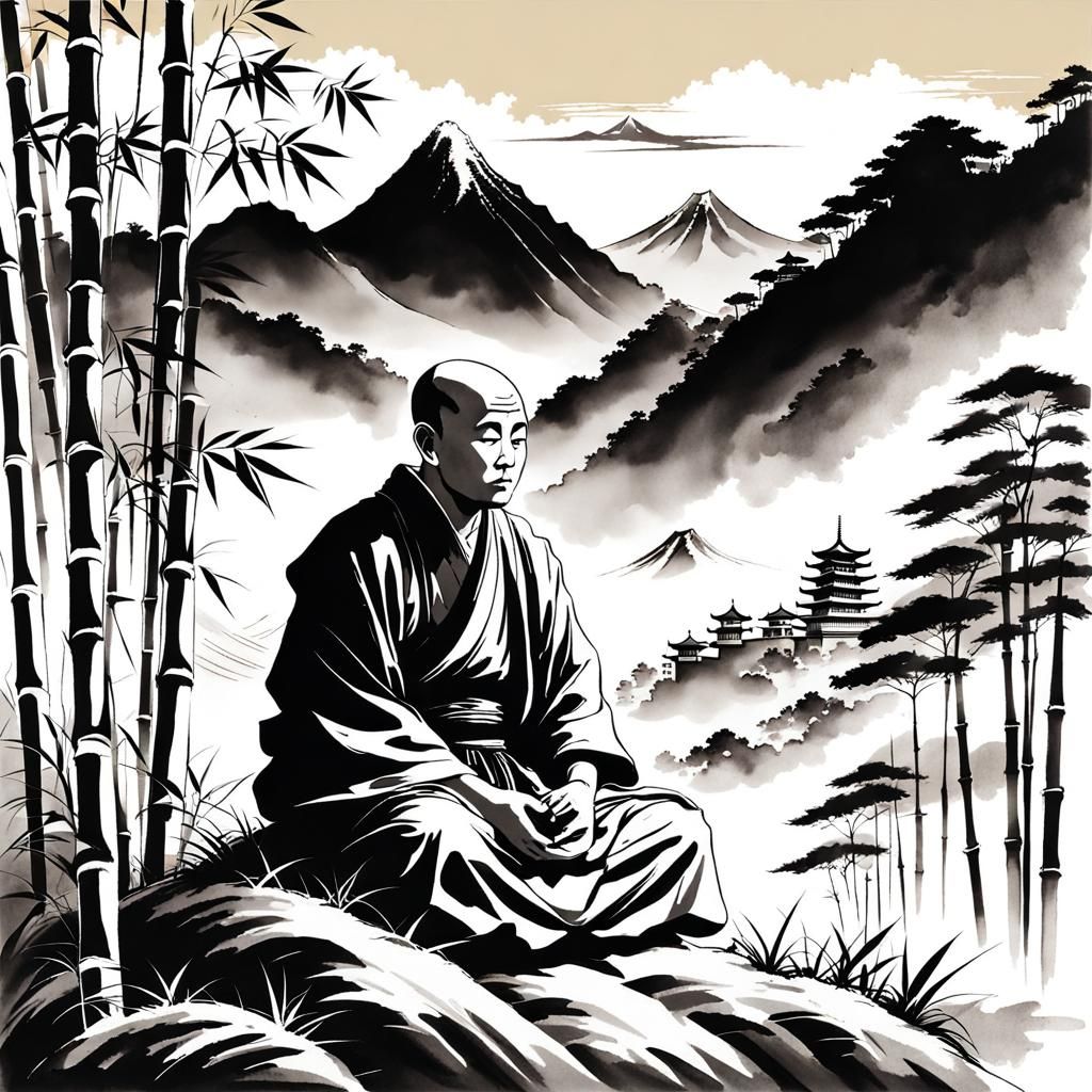 Zen Monk Meditating: Sumi-e Ink Painting