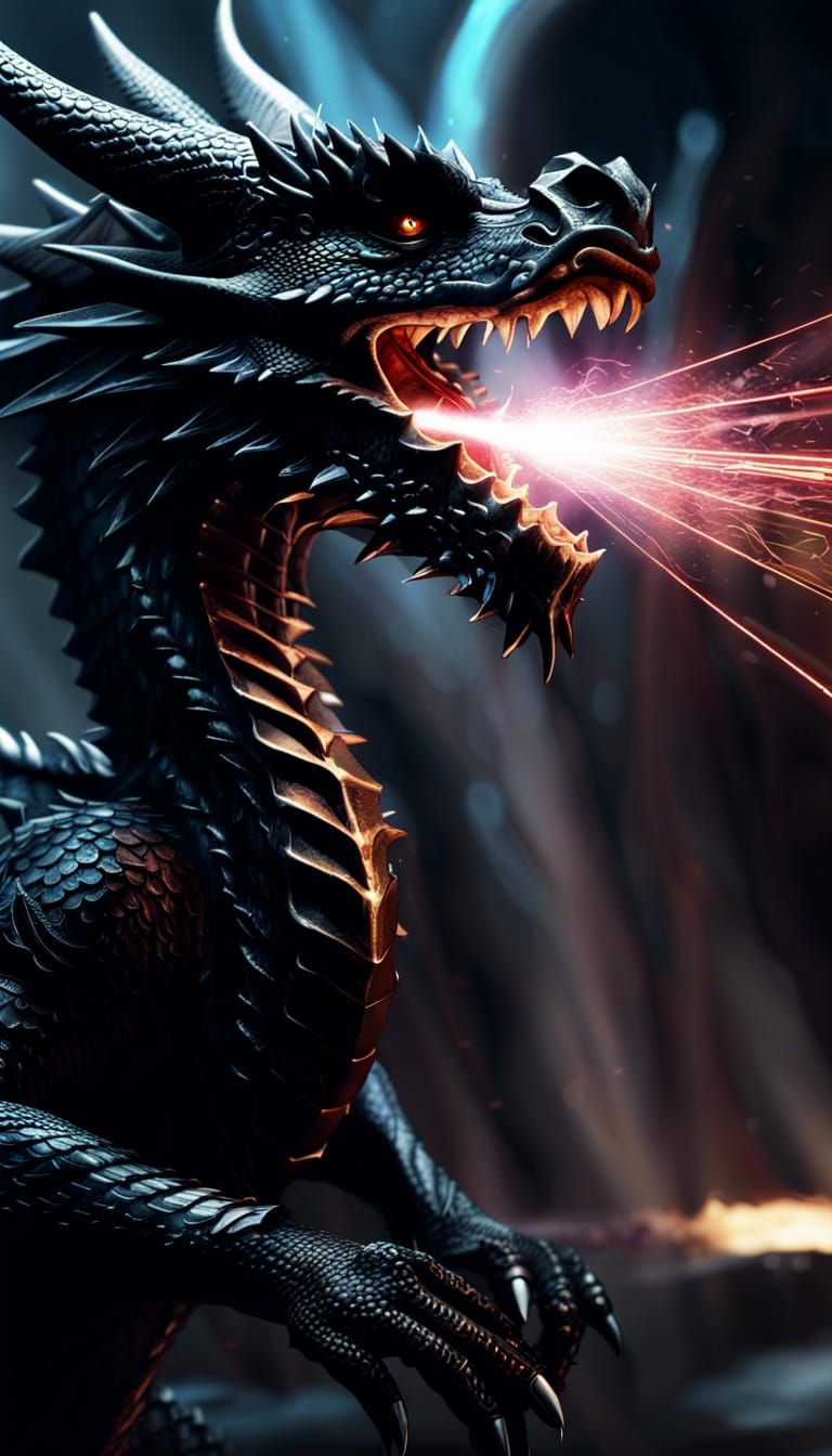 Black Dragon God Spitting Laser Blast in Sci-Fi Style