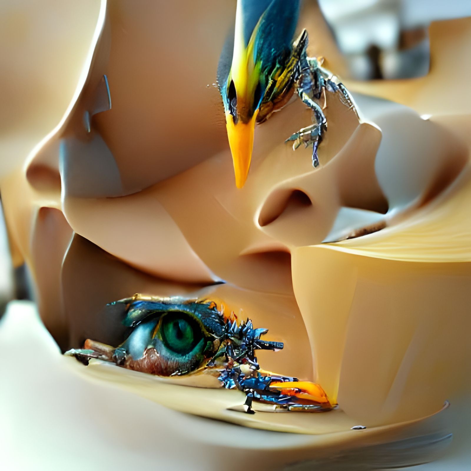 Hyperdetailed Human-Faced Bird Mech Diorama