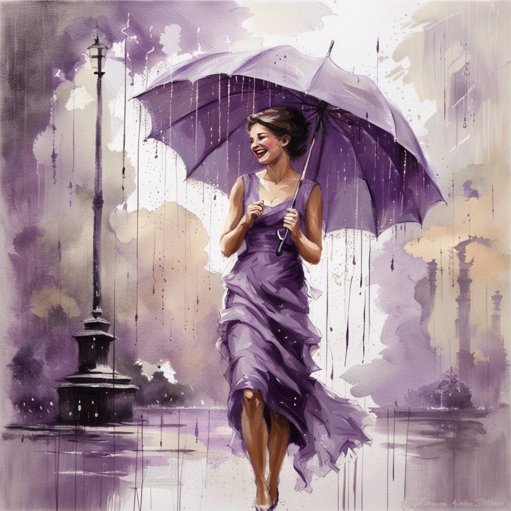 Woman Laughing in Rain: Chalk Art Impasto Portrait