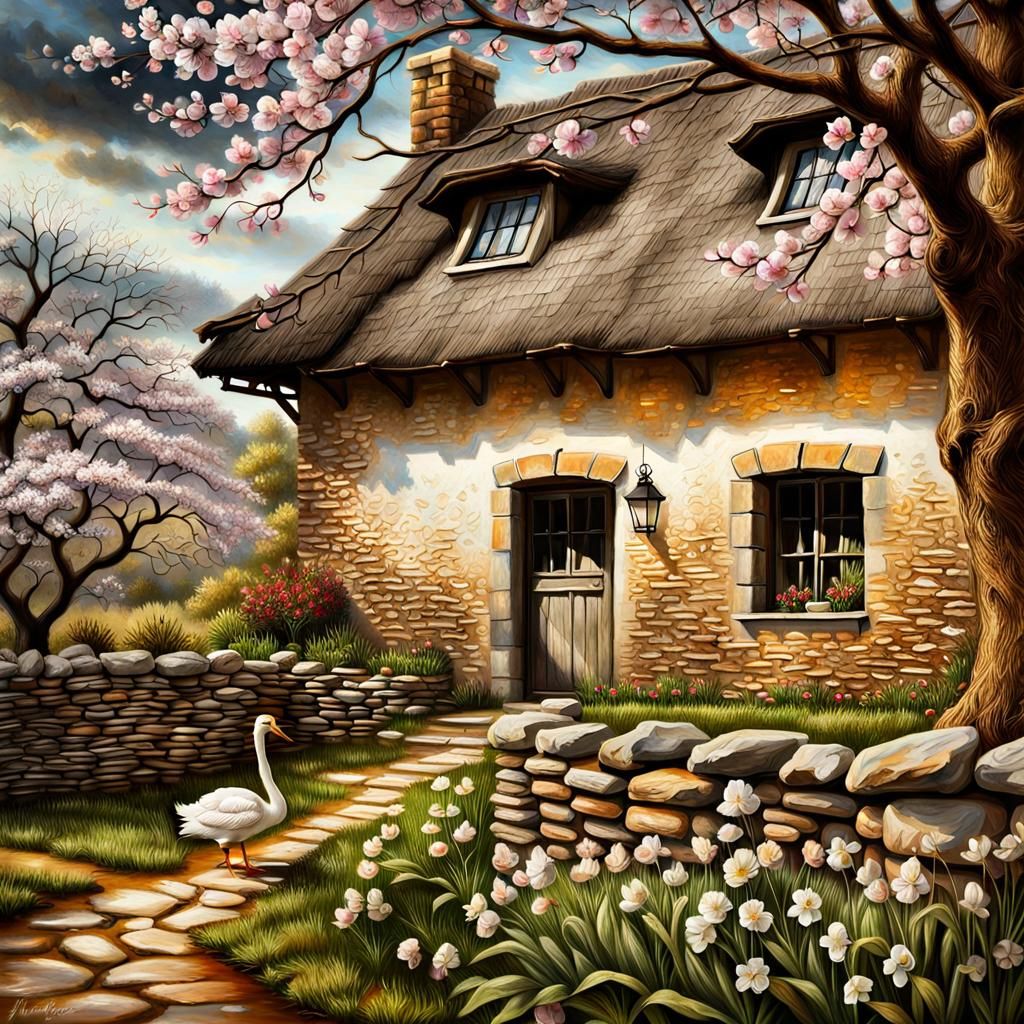Rustic Stone House in Apple Orchard Painting