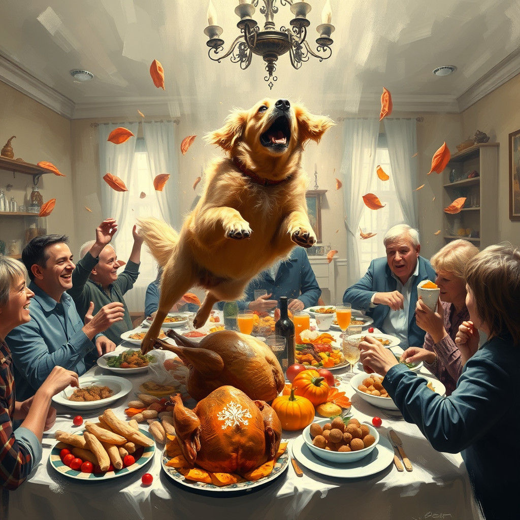 Chaotic Thanksgiving Dinner: Impressionist Style Painting