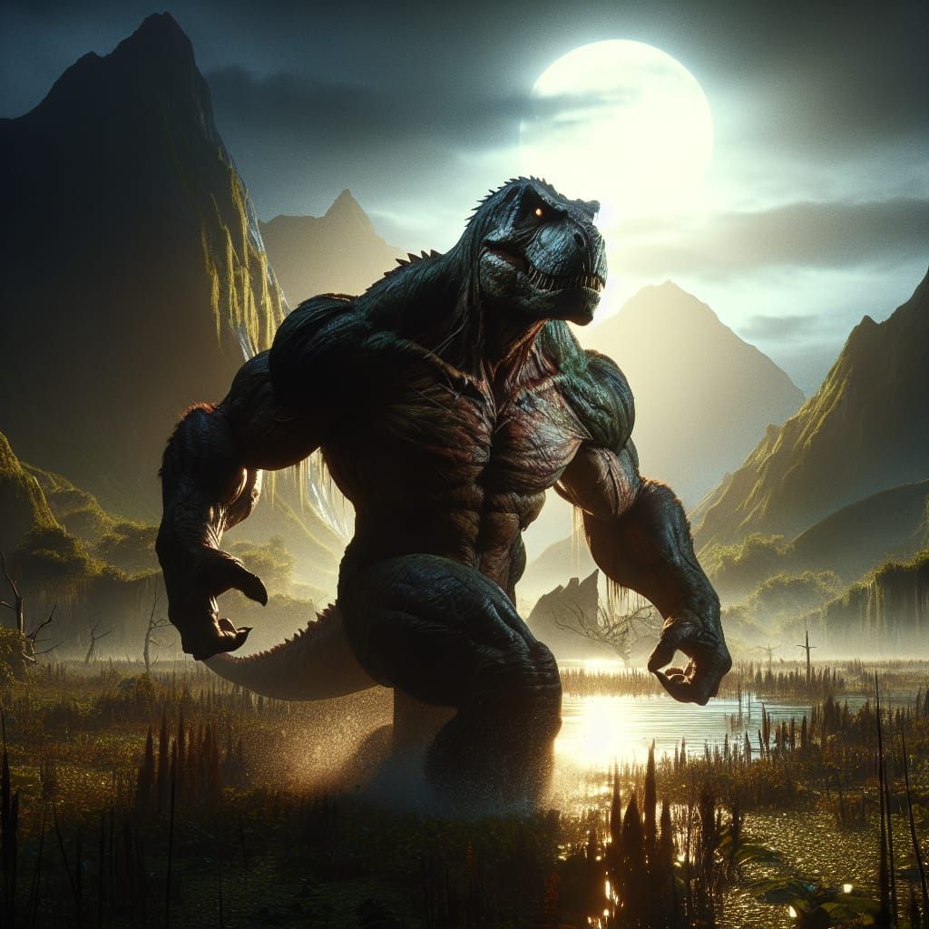 Muscular Dinosaur-Man Storms Through Moonlit Swamp