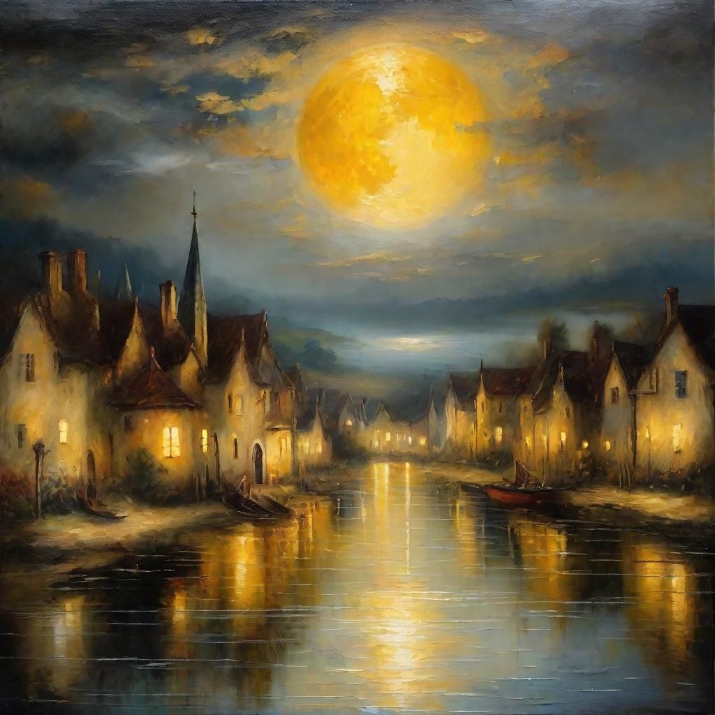 Medieval Lake Village Bathed in Moonlit Romanticism