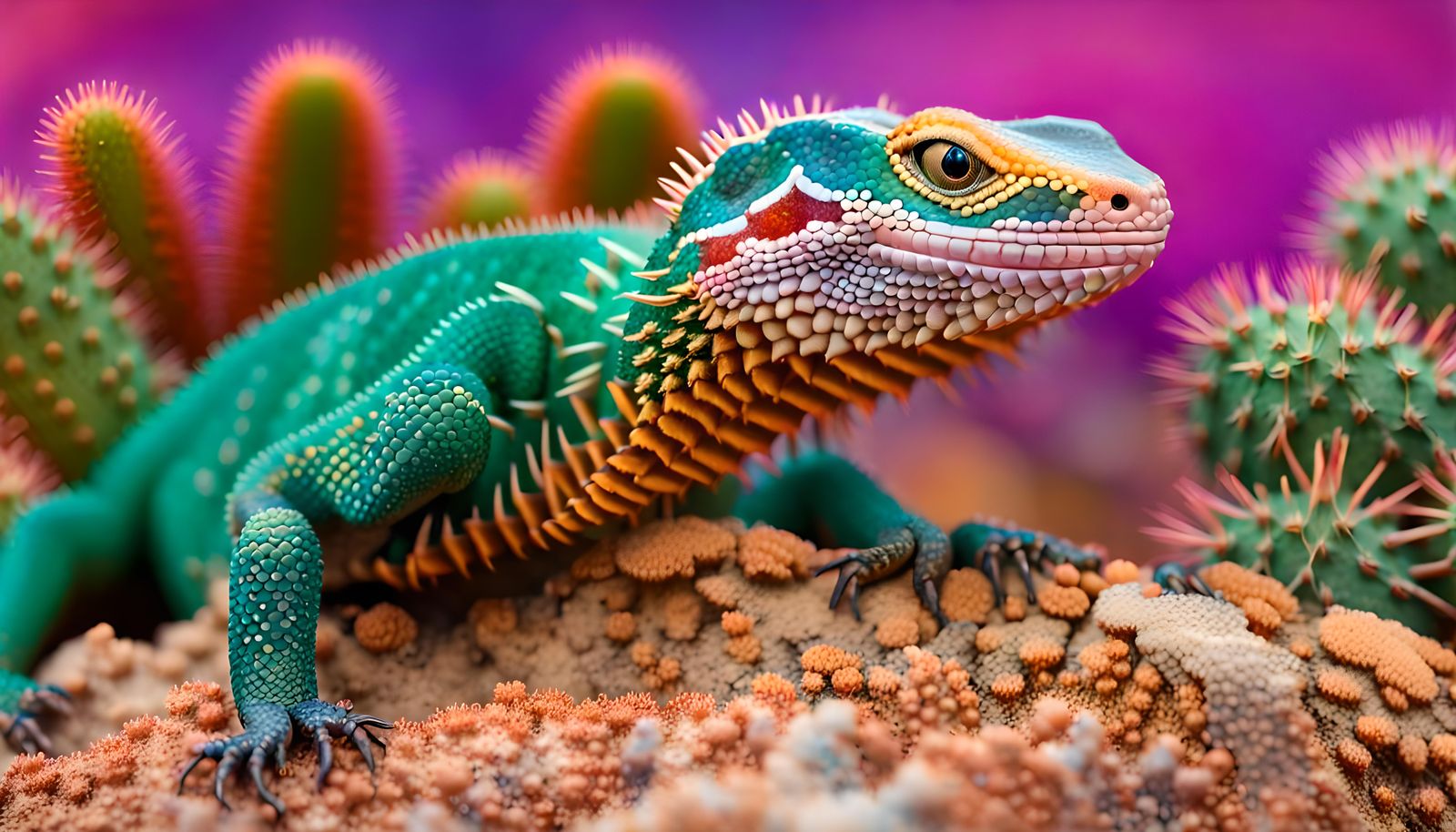 Iridescent Dragon-Scaled Lizard in Desert Sunset