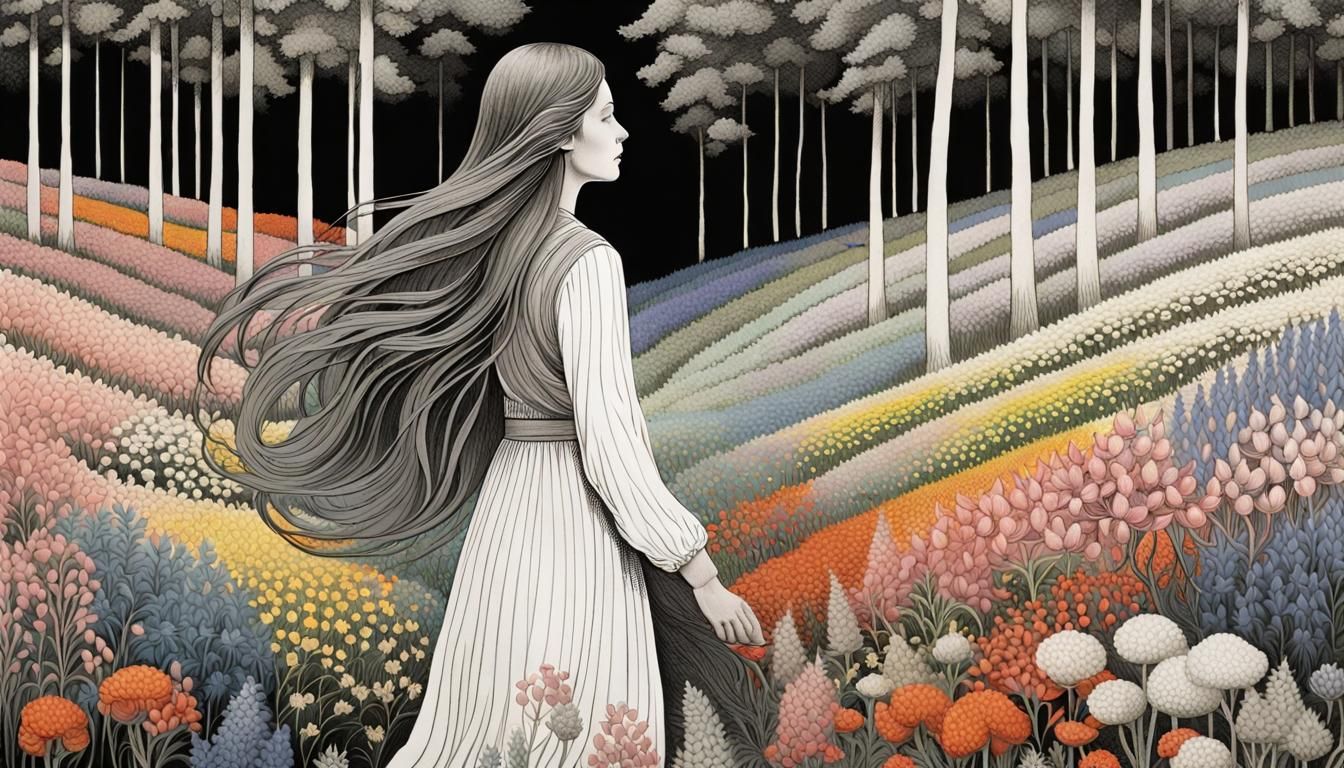 Woman in Lupinus Field: Etching with Forest Exposure