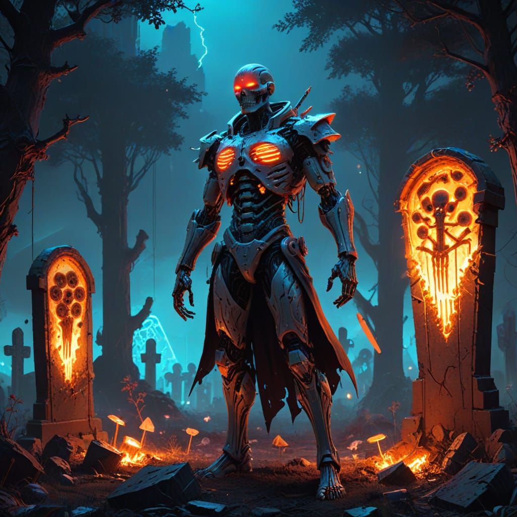 Cyberpunk Necromancer Summons Robots in Pizza Graveyard