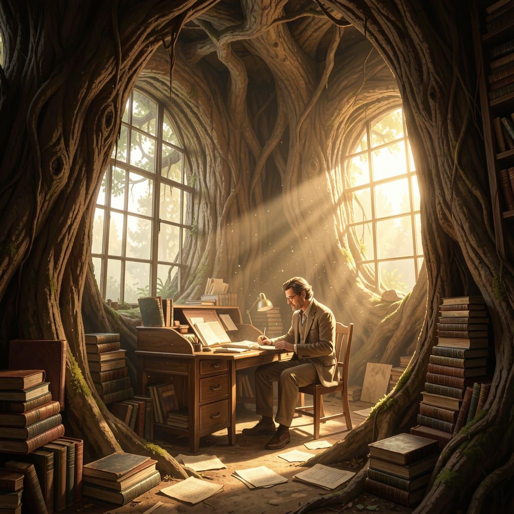Scholar's Study Inside Ancient Tree Trunk with Warm Light