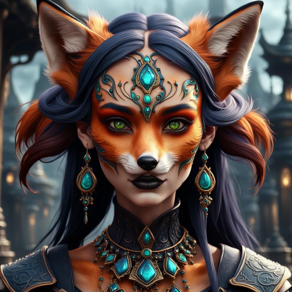 Gothic Foxgirl with Stretched Earlobes in Detailed Matte Pai...