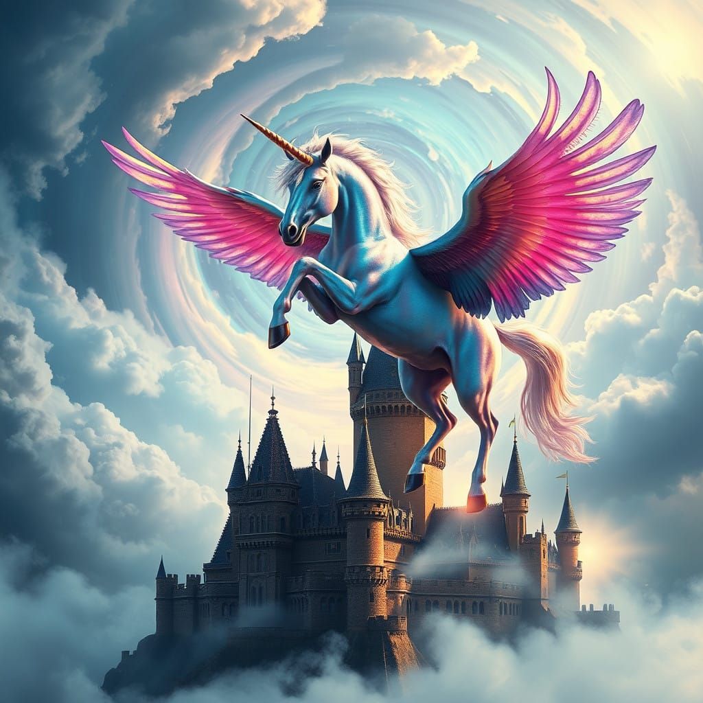 Majestic Unicorn Soars Above Medieval Castle in Hyper-Realis...