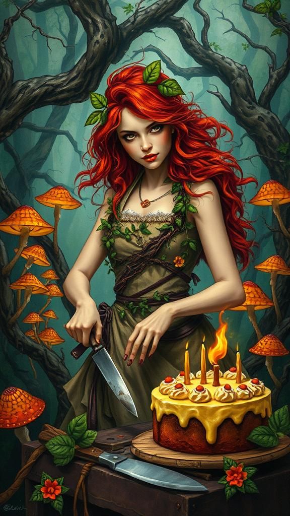 Redhead Cuts Jungle Cake in Folk Art Style