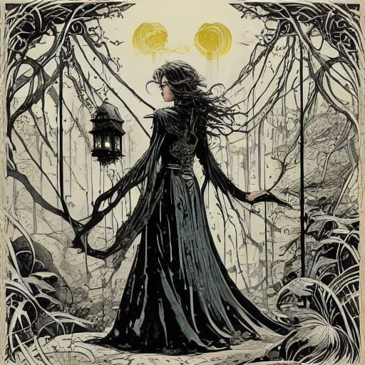 Witch Overlooks Twilight City in Art Nouveau Comic Style