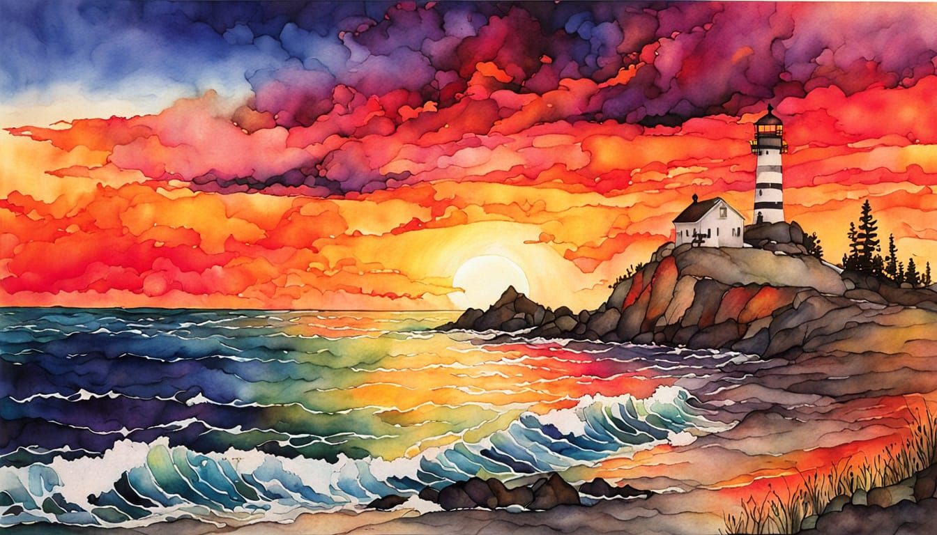 Alcohol Ink Seascape with Lighthouse at Sunset