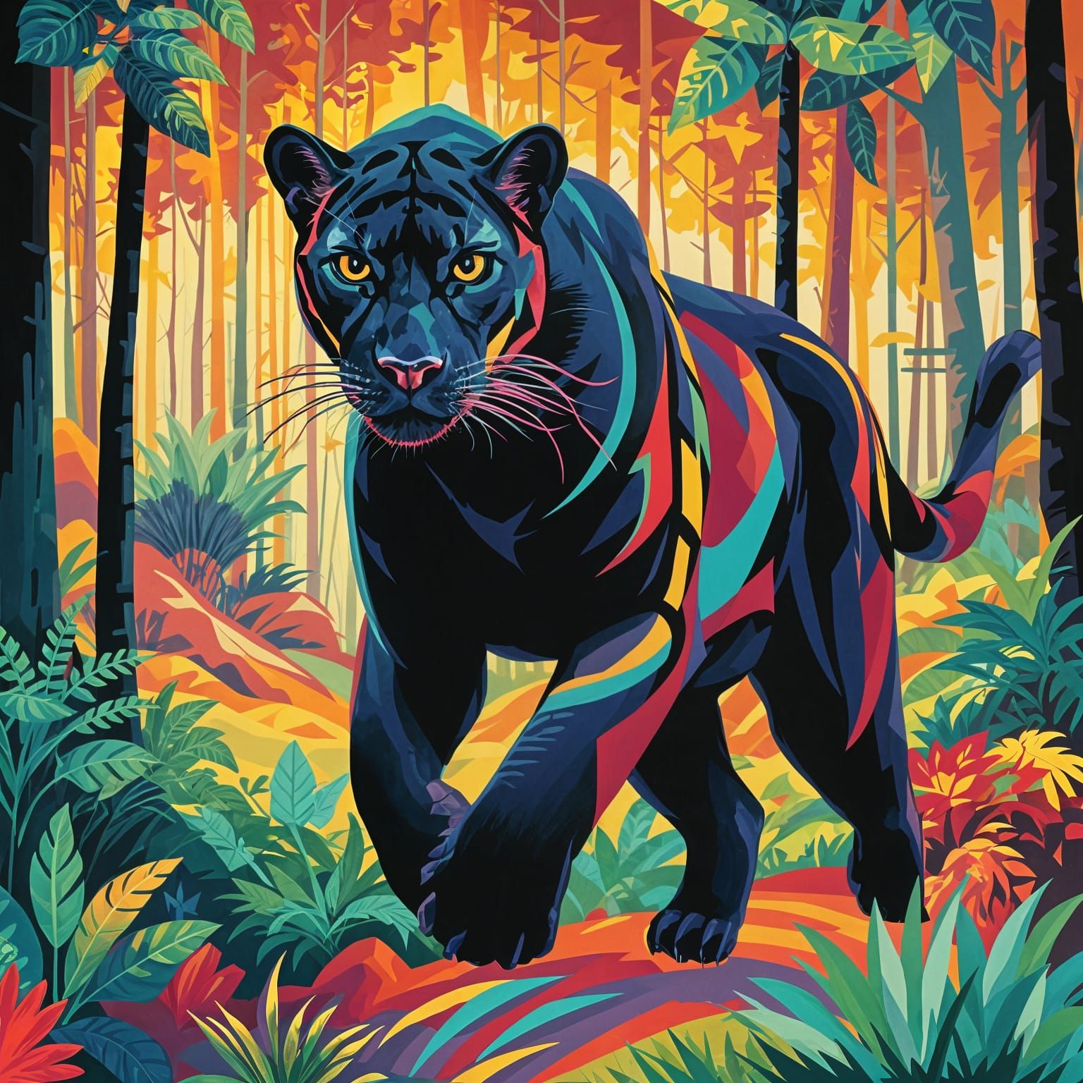 Panther Slipping Through a Futuristic Colorful Forest