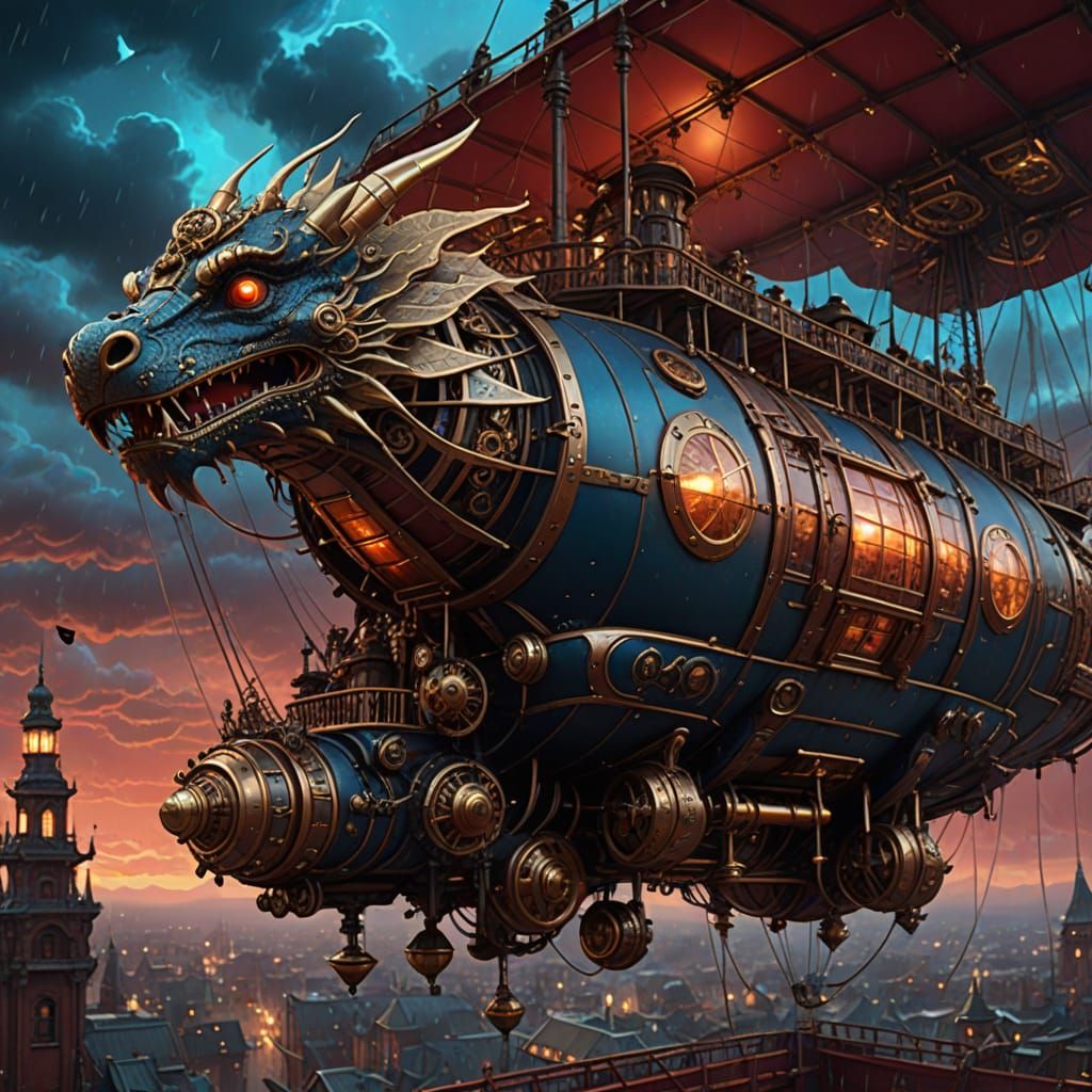 Steampunk Dragon Airship Soaring Through Crimson Sky