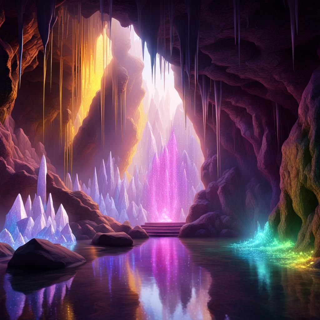 Crystal Cave with Rainbow Light: Dark Fantasy Art