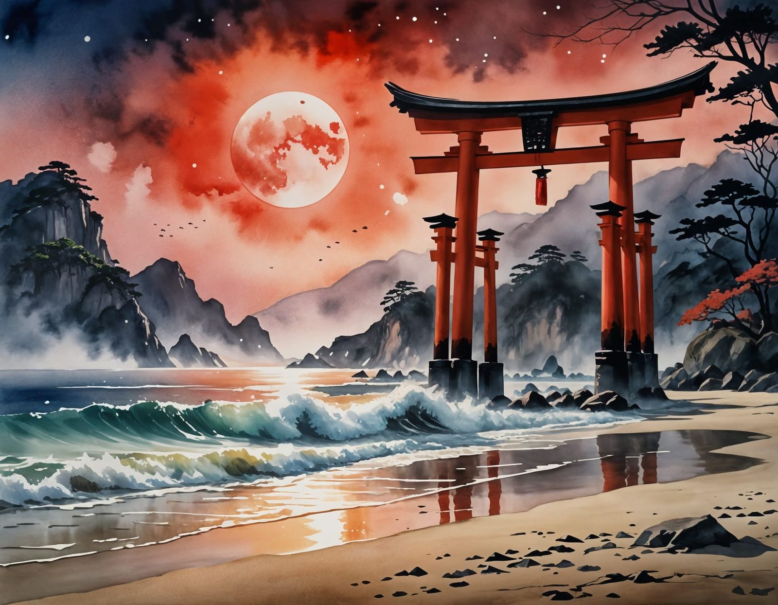 Spiritual Torii Gate Under Red Moon in Watercolor