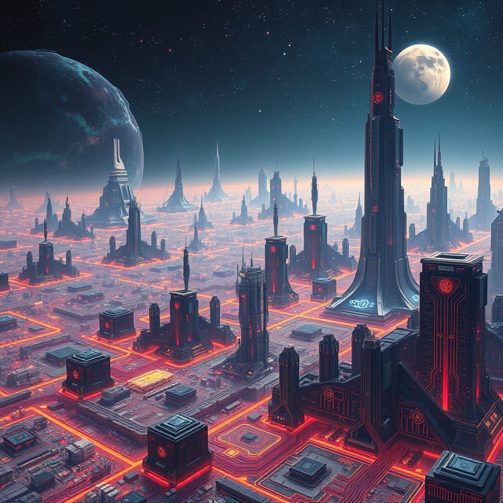 Cyberpunk Planet with Towering CPU Skyscrapers