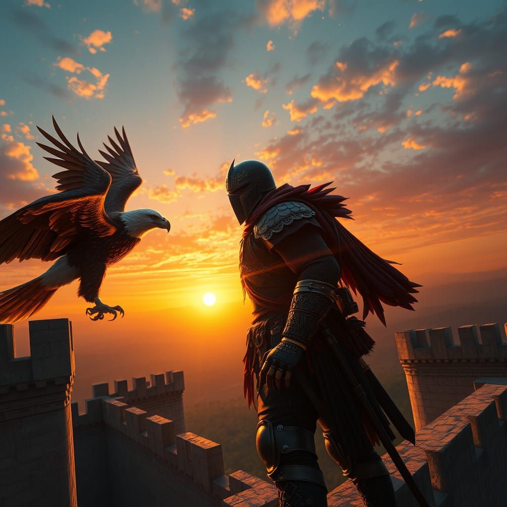 Heroic Hunter Triumphs in Sunset Landscape as Eagle by His S...