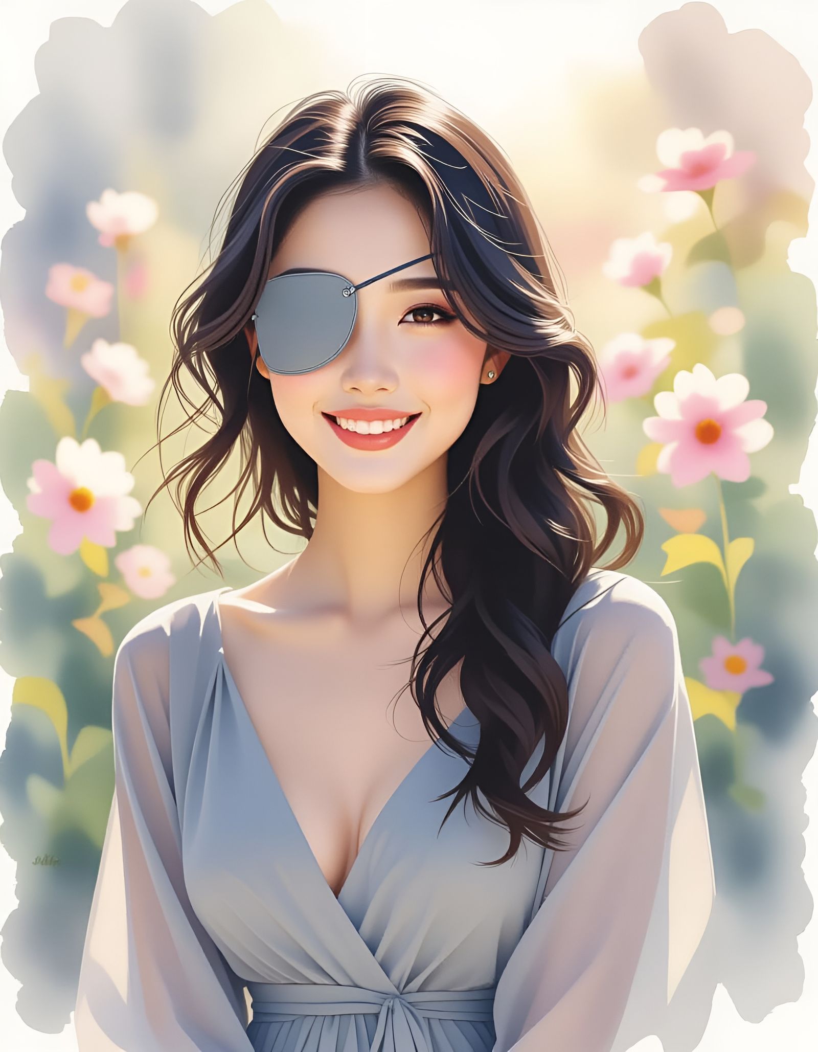 Watercolor Portrait of Smiling Asian Woman with Eyepatch