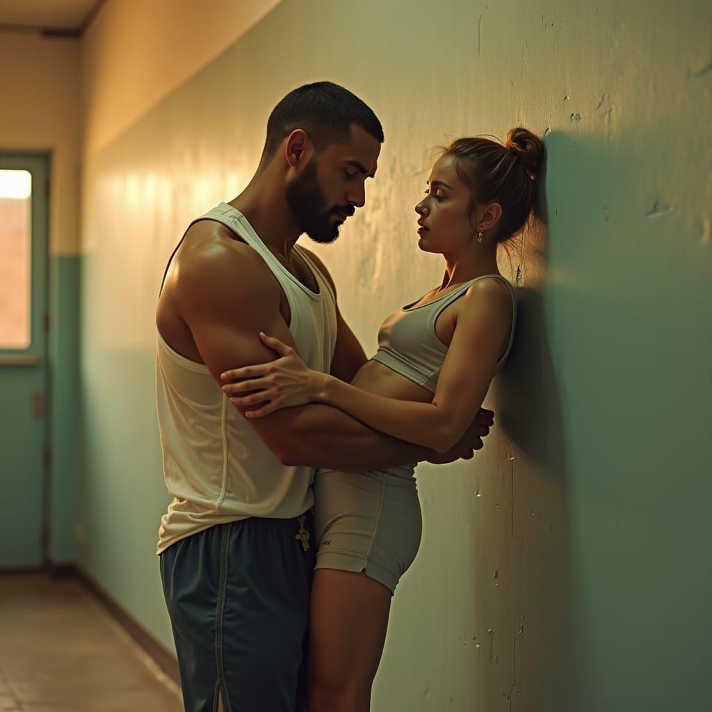 Cinematic Still: Athletic Man Dominating Submissive Figure