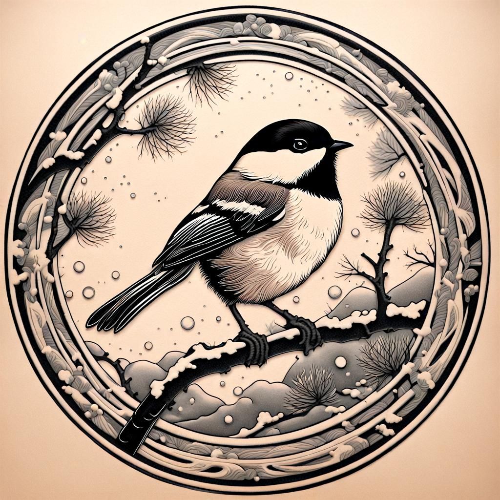 circular frame. Woodcut. A Japanese-inspired tattoo design f...