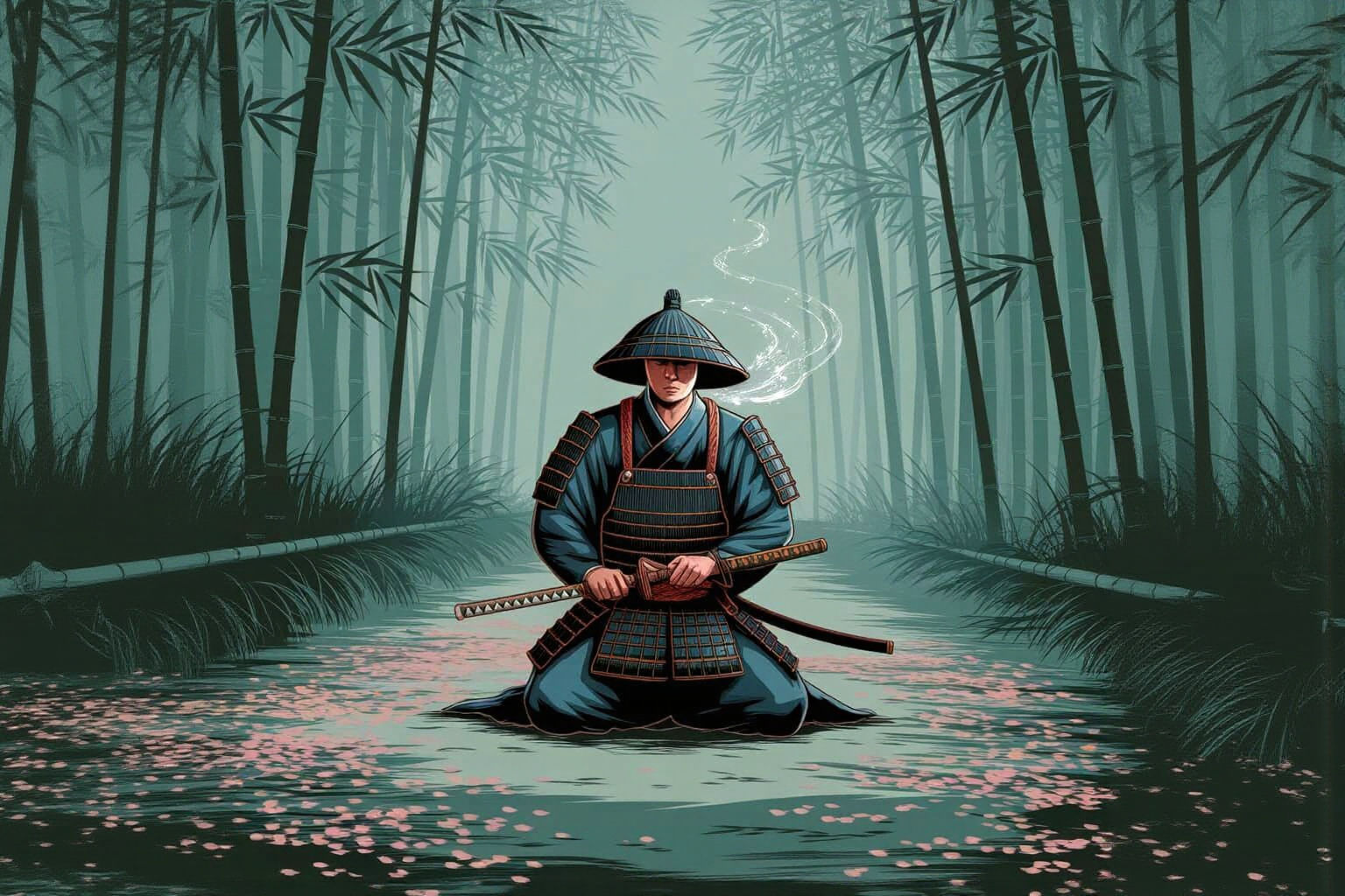 Stoic Samurai in Bamboo Forest with Cherry Blossoms
