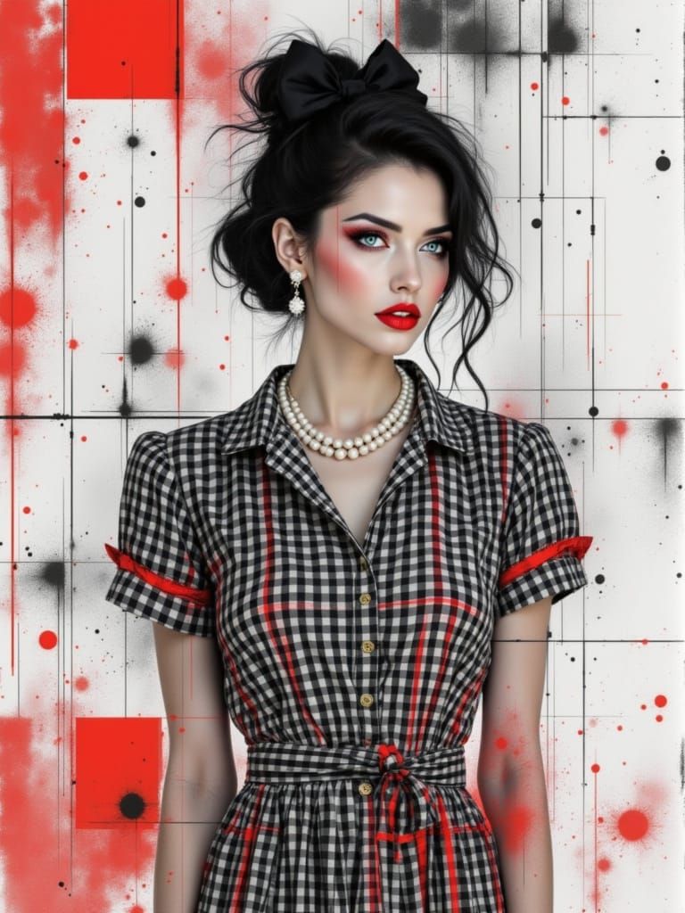 A 1950s Woman Wears a Checkered Dress in a Pin-Up Style