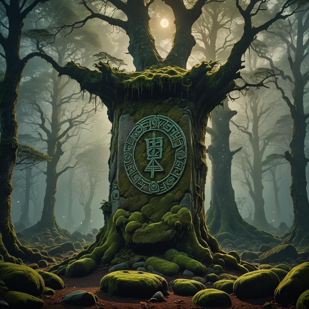 Mystical Druid Stone in Moonlit Forest