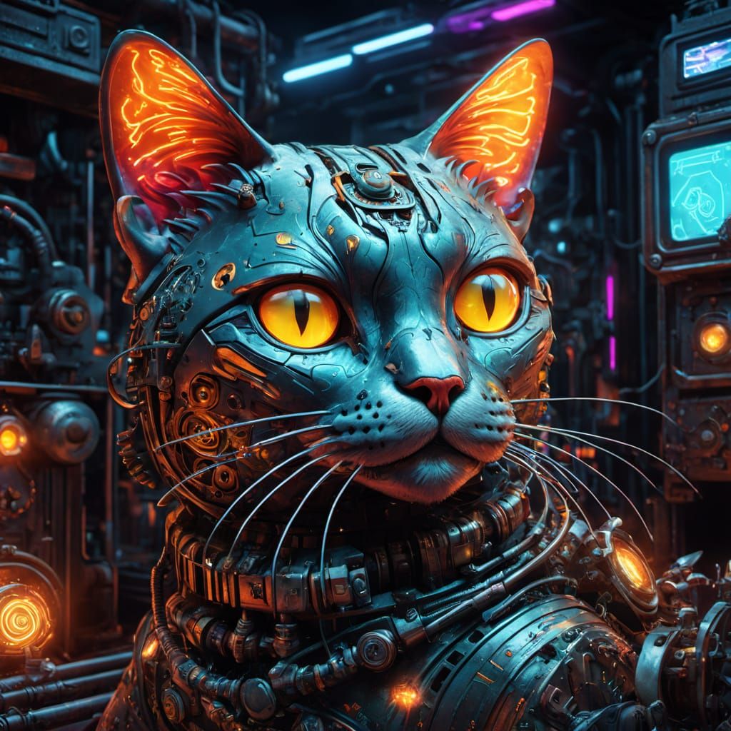 Cyberpunk Cat in Mechanical Lair