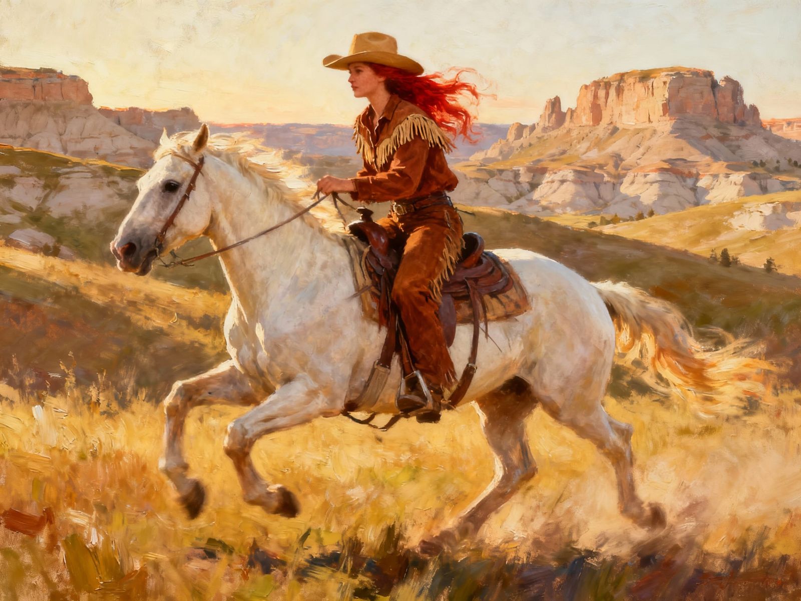 Impressionist Cowgirl Galloping in South Dakota Badlands