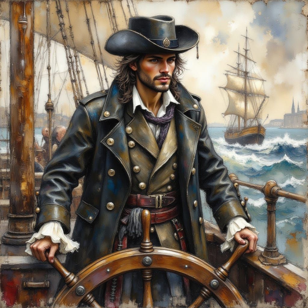 Scottish Helmsman on Sailing Ship as Impasto Oil Painting