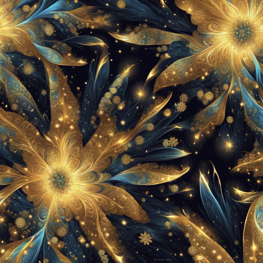 Magical Forest of Golden Blooms at Night in Vibrant Fractal ...