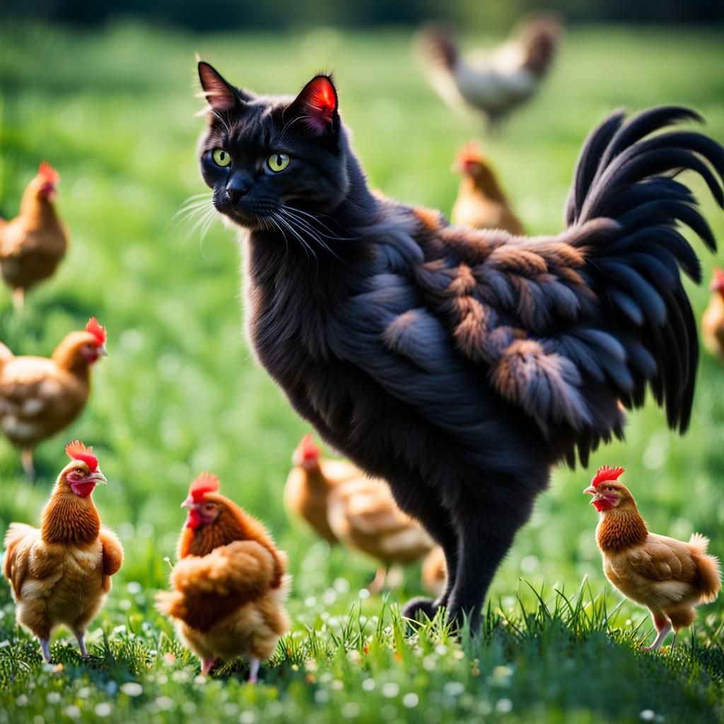 Surreal Chicken Cat Hybrid in Meadow: Photography
