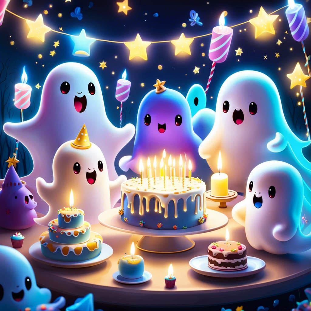 Ethereal Ghost Party in Starry Forest, Digital Art