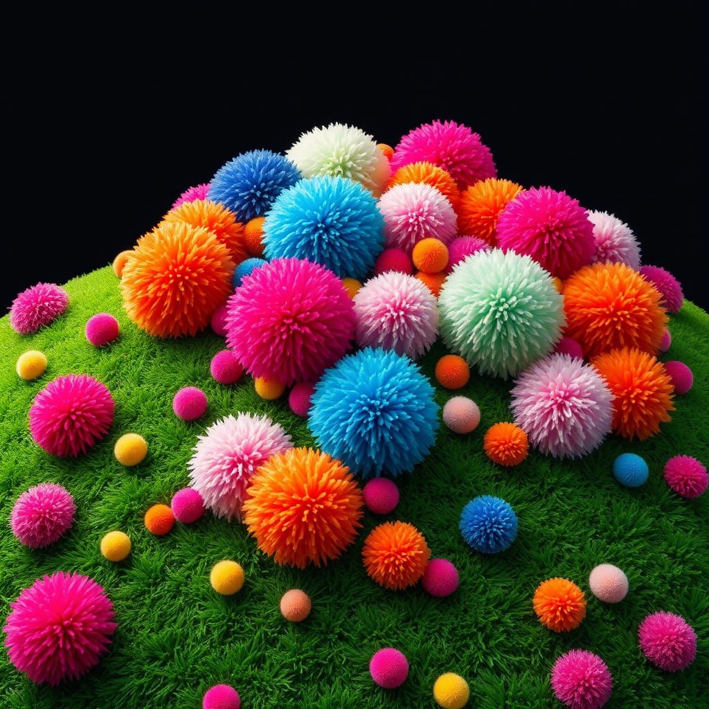 Colorful Pom Poms on Green Hill in Pop Surrealism