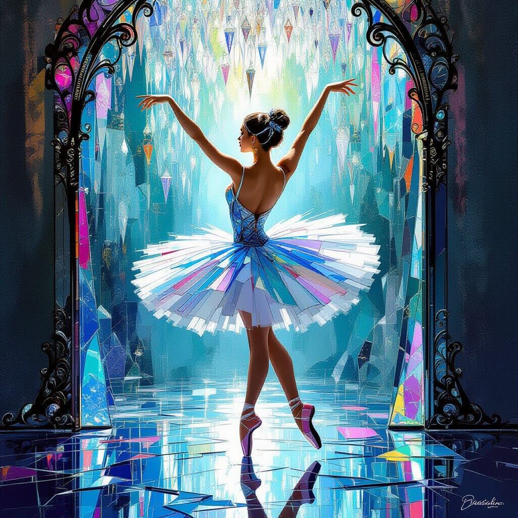 Kaleidoscopic Ballerina Dancing in Stained Glass Style