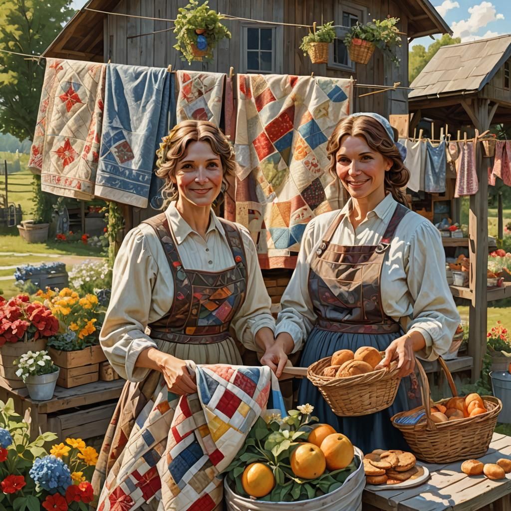 Country Quilt Display at Farmhouse in Art Nouveau Style