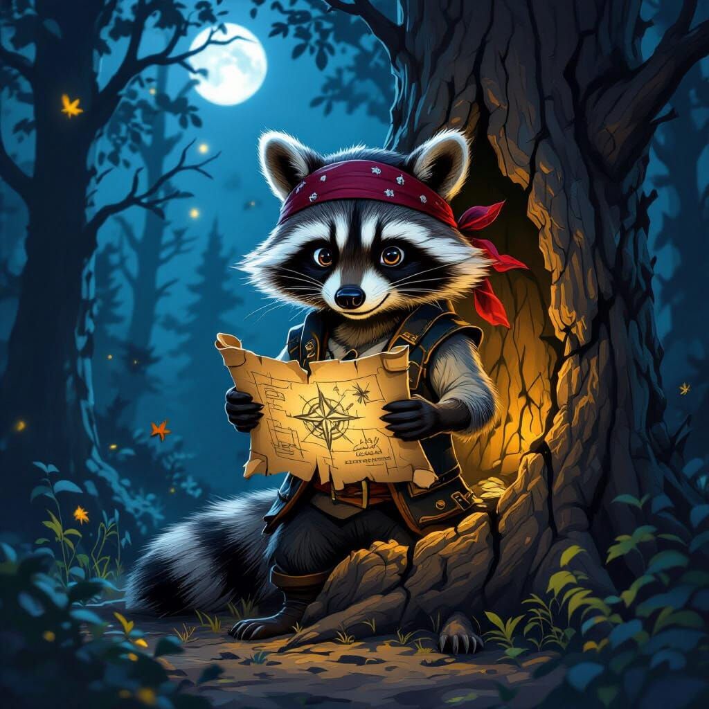 A mischievous raccoon, dressed in a pirate bandana and vest,...